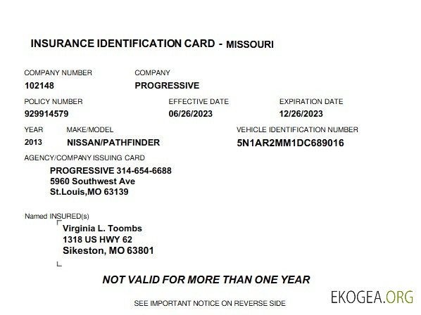Carte d'identité d'assurance du Missouri aux États Unis